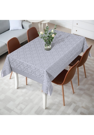 Polycotton Pamuklu Damask Desen Gümüş Gri Renk Luks Masa Örtüsü 160x220cm