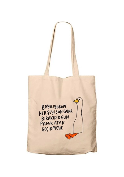 Son Gün Panik Atağı Ekru Fermuarlı Bez Çanta Gabardin