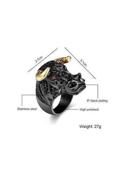Boğa Yüzük Rhinestone Taşlı Black Bull Gold Horn 316L Paslanmaz Ç Bronz