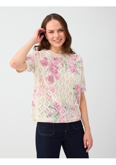 Jimmy Key Kırık Beyaz Floral Desenli Yuvarlak Yaka Kısa Kol Triko Kazak 6ww138180106