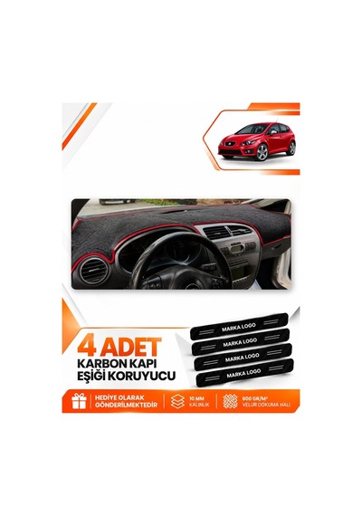 Seat Leon 2005-2012 Uyumlu Ön Torpido Koruma Koruyucu Kılıfı Halısı Örtüsü - Siyah Kırmızı