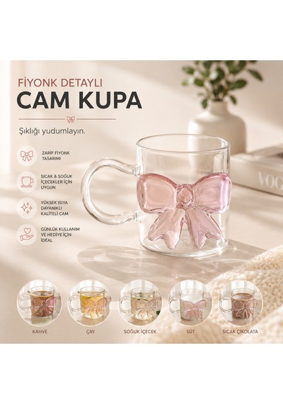 Lunessa Pembe Fiyonk Detaylı Şeffaf Cam Kupa