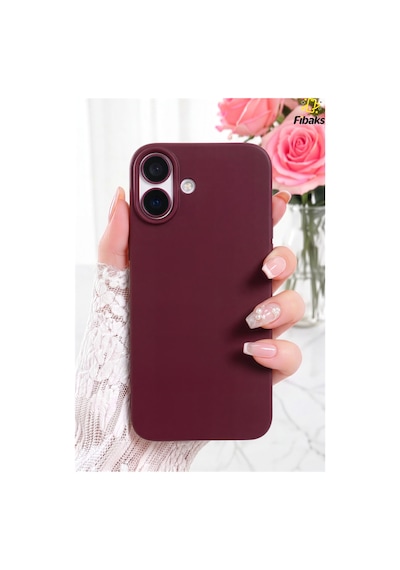 Fibaks iPhone 16 Uyumlu Kılıf Kadife Lansman Soft Yumuşak Liquid Silikon Kamera Korumalı Kapak Bordo