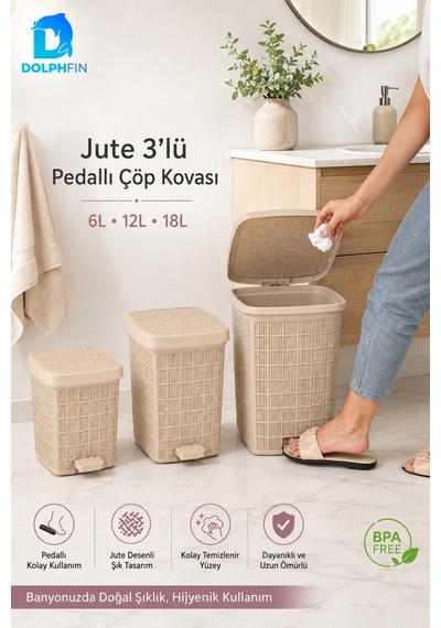 Jute 3 Lü Pedallı Çöp Kovası Seti 6 L + 12 L + 18 L Bej