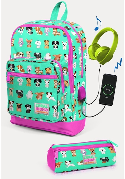 Coral High Kids Su Yeşili Neon Pembe Köpek Desenli Usb'li 2'li Okul Çanta Seti Set0223266