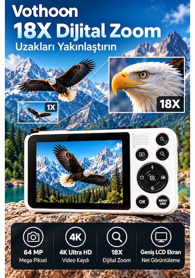 4k Dijital Fotoğraf Makinesi 18x Dijital Zoom 64 Mp Ön Ve Arka Ekranlı Kompakt Kamera Beyaz