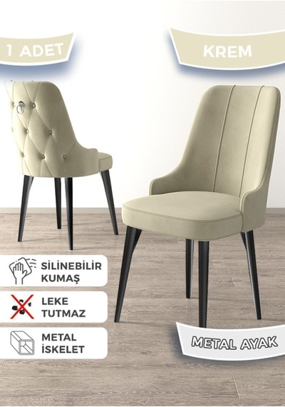 Canisa Newa Serisi, 1.sınıf Babyface Kumaş Siyah Metal Ayak Gümüş Halkalı, 1 Adet Krem Sandalye Sandalye Krem / Ayakları Siyah