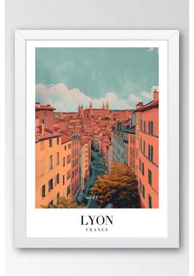 Lyon France Vintage Seyahat Posteri Çerçeveli Tablo - Premium Fransız Mimarisi Elit Duvar Dekoru Beyaz
