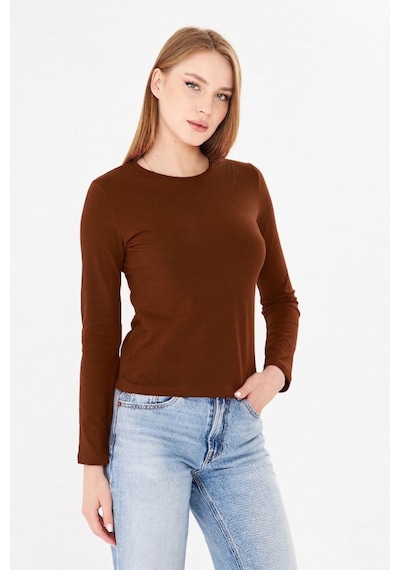 Sortie Collection Bisiklet Yaka Pamuklu Uzun Kollu Basic Penye Tişört Bluz Kahverengi