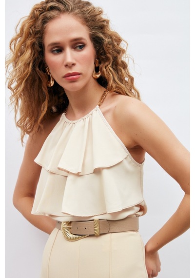 Sateen Zincir Detaylı Volanlı Bluz - Bej