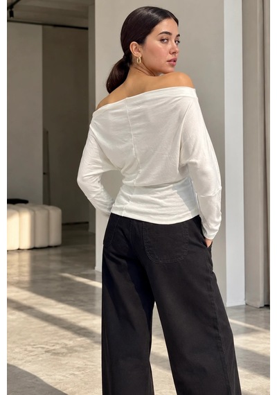 Bb Butik Basic Kadın Madonna Yaka Dökümlü Modal Uzun Kollu Bluz My3535 Beyaz