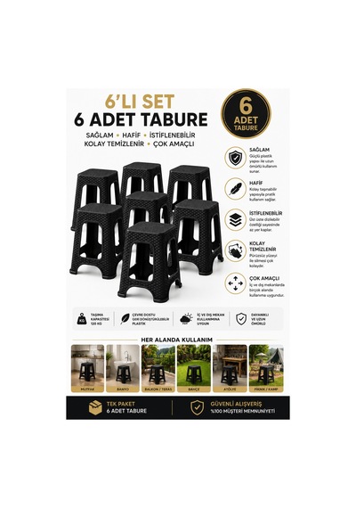 Nova 6 Lı Rattan Desenli Büyük Boy Tabure Seti Siyah 45 Cm Sağlam İstiflenebilir Çok Amaçlı Plastik Tabure Siyah