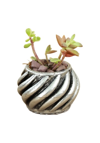 Dekoratif Saksı Minik Kaktüs Saksısı 1 Adet Kalın Çizgili Spiral Model - Gümüş Eskitme