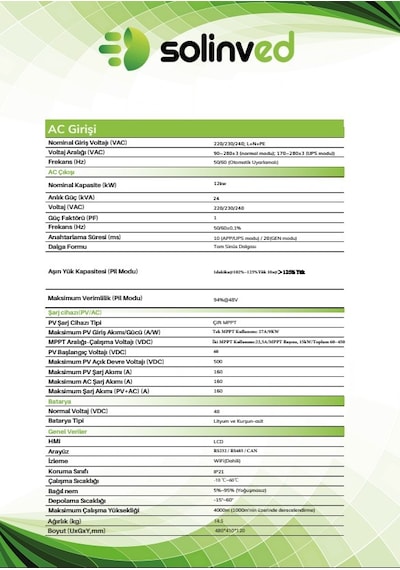 Solinved 12 Kw Gordion Serisi Mppt Off-grid Inverter 48v