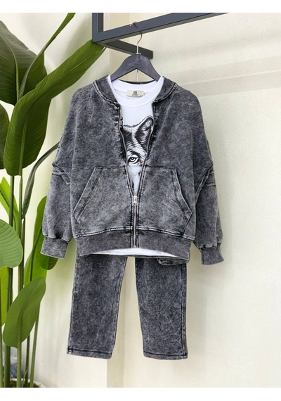 Kokoş Bebe Wolf Yıkamalı Penye Hırkalı 3 Lü Erkek Çocuk Takım - 4/12 Yaş - 31947 Siyah