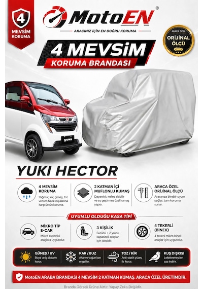 Yuki Hector 3 Kişilik Elektrikli Micro Araba Brandası Gri Oto Branda Su Geçirmez Dört Mevsim Uv İki Katmanlı Dış Ortam Örtü