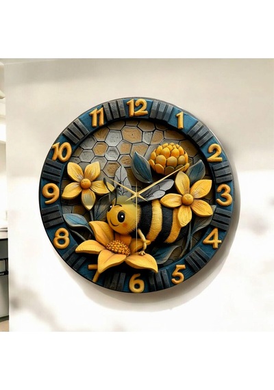 AA Shop Kabartma Görünümlü Renkli Arı Çiçek Çocuk Desenli Sayılı Hediyelik Ahşap Sessiz Duvar Saati 50cm ÇOk Renkli