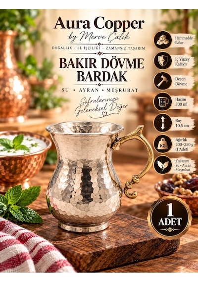 Bakır Bardak 300 Ml Kalaylı Dövme Kulplu Ayran Su Meşrubat Bardağı Gümüş