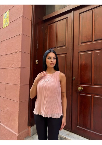 WeShaya Pudra Astarlı Pileli Kolsuz Bluz Pudra