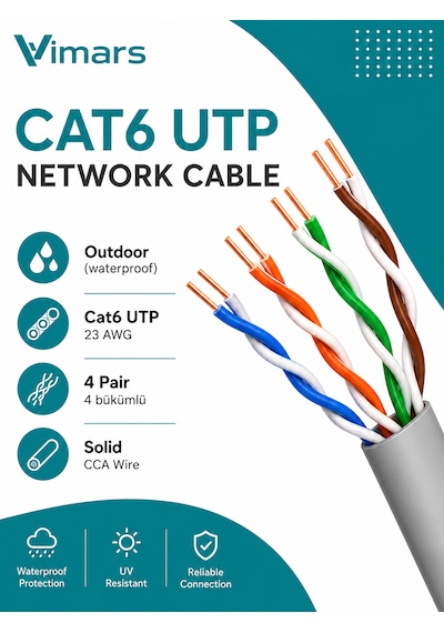 Vimars Cat6 Outdoor Utp Kablo 305m 23awg 0.57mm Siyah Ethernet Kablosu