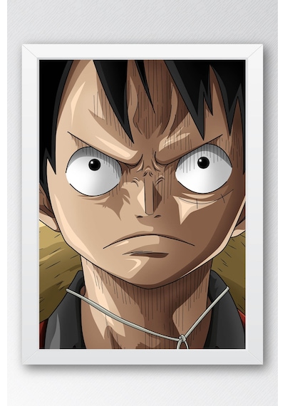 One Piece Luffy Kararlı Portre Çerçeveli Tablo - Premium Genç Odası Anime Duvar Dekoru Poster Beyaz