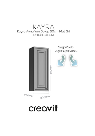Creavit Kayra Ayna Yan Dolabı 30cm Mat Gri Mat Gri Creavit Kayra Ayna Yan Dolabı 30cm Mat Gri Mat Gri