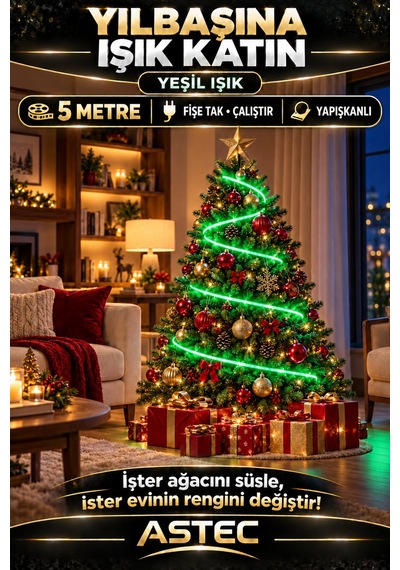 Astec Tak Çalıştır 5 Metre Yapışkanlı Yeşil Şerit Led Yılbaşı Ağacı Süsü Ve Dekoratif Ev Aydınlatması Fişe 220v