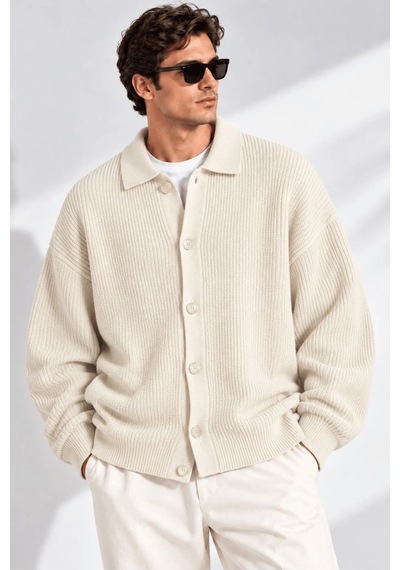 Genıus Store Erkek Hırka Oversize Kalıp Düğmeli Polo Yaka Triko Kazak Çekme/uzama Yapmaz Erkek-hırka Taş