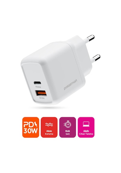 Polosmart Pbs137 Hızlı 1 Usb 1 Pd Çıkışlı 30w Şarj Adaptörü Duvar Şarjı Beyaz