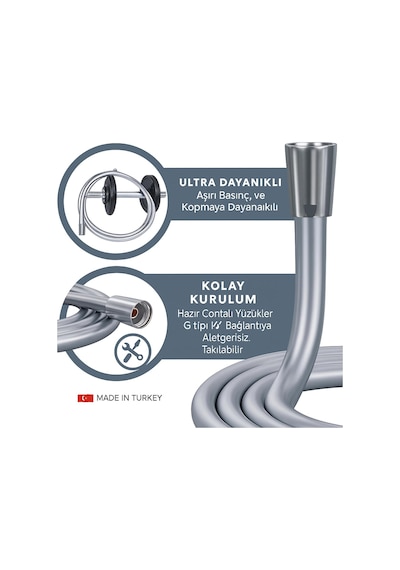 Gri Silikonlu Duş Hortumu, 150 Cm, Esnek Ve Kırılmaya Dayanıklı, Evrensel Bağlantılı, Sızdırmaz Genel