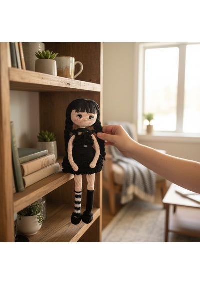 Tığ İşi Amigurumi Kız Bebek Bej - Siyah