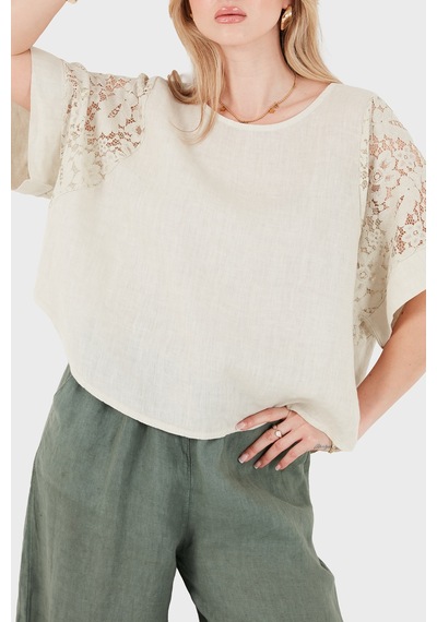 Via Dante Relaxed Fit Dantel Detaylı Keten Bluz Bayan Bluz 7222p Bej