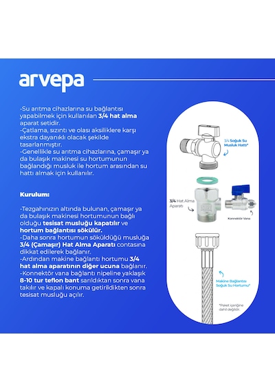 Arvepa Su Arıtma Cihazı 3/4 (Çamaşır/Bulaşık) Hat Alma ve Konnektör Vana Seti - Ekstra Dayanıklı (Metal)