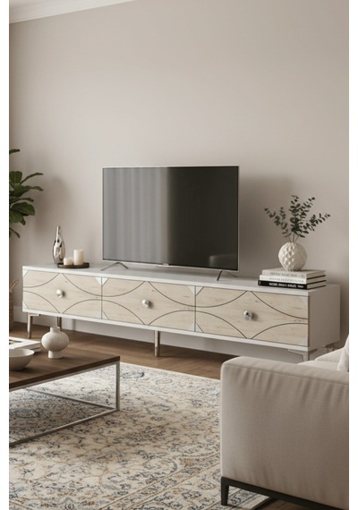Tsa1897bts - Alfa Tsa180 Tv Stand, Tv Sehpası Ve Tv Ünitesi Beyaz - Traverten - Sılver 180cm