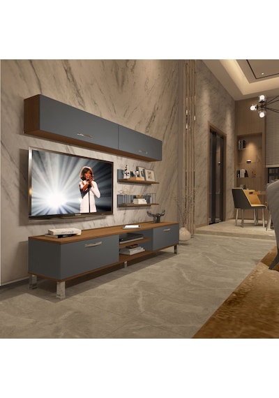 Decoraktiv Eko 5 Mdf Dvd Krom Ayaklı Tv Ünitesi Tv Sehpası Ceviz - Antrasit