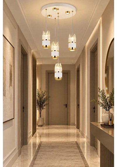 Modern Premium Gold 4'lü Sarkıt Avize Beyaz Gold Lüks Tasarım Avize 49w Led 3000k