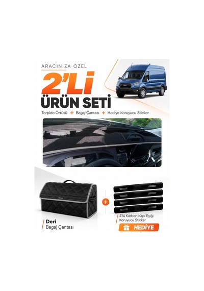 Ford Transit Tip 2 2020-2025 Uyumlu Torpido Örtüsü + Deri Bagaj Çantası + Sticker Seti - Siyah Gri