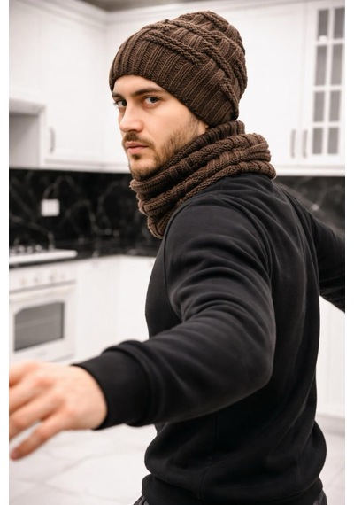 Gönülden Tasarım El Örgüsü Yumuşak Yün Erkek Bere Boyunluk Takım Unisex Kahverengi