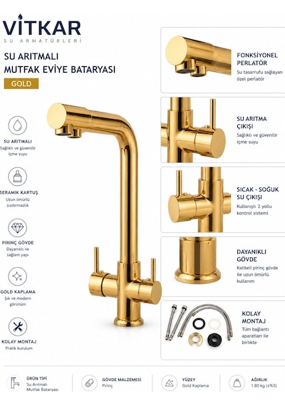 Su Arıtmalı Gold Mutfak Eviye Bataryası Çift Çıkışlı Pirinç Gövde Altın/gold