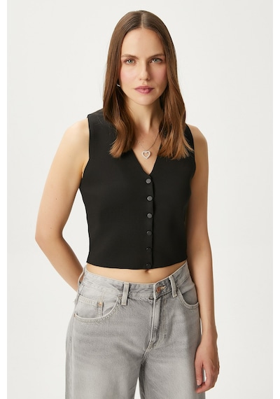 Ritnice Kadın Petite Çıtçıtlı Crop Siyah Triko Yelek Siyah