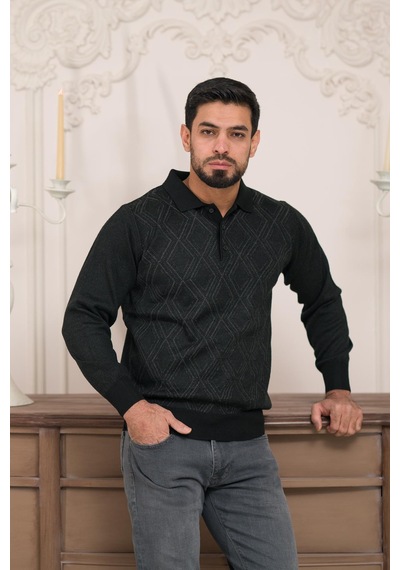 Woolen World Polo Yaka Desenli Yünlü Erkek Triko Kazak Siyah