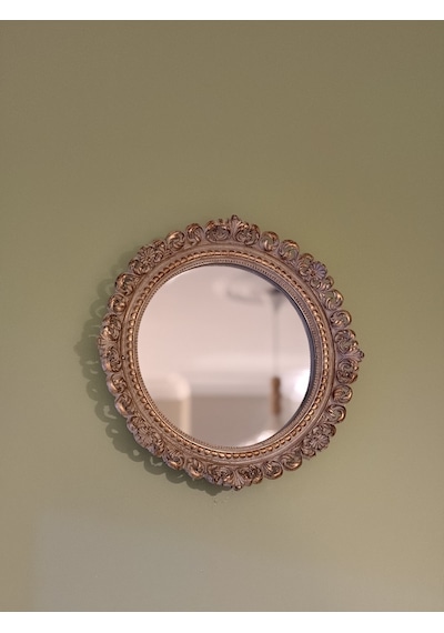 Dantel Yuvarlak Dekoratif Duvar Aynası Vizon & Altın Varaklı 28 Cm Naturel