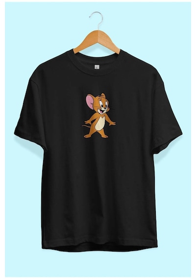 Startmore Unisex Tom Ve Jerry Tasarım Baskılı Oversize Garalio Siyah T-shirt