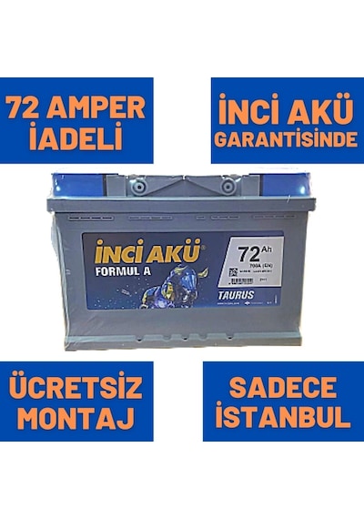 12V 72 Ah 72 Amper İnci Akü 700A - Yerinde Montaj  / 469716232 60 Amper-