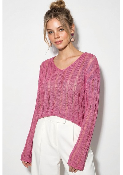 Shade Kadın Ajurlu Salaş Merserize Premium Triko Bluz Tk261051 60286233 - Pembe