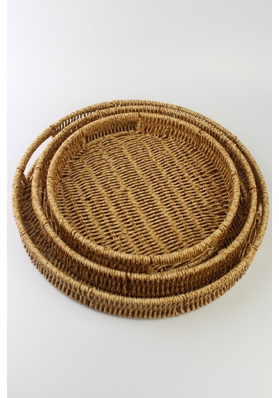3 Lü Rattan Tepsi Dekoratif Tepsi Hasır Örme Tepsi Yuvarlak Krem