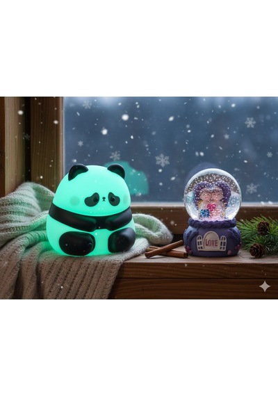 2 Li Sevgiliye Romantik Hediye Seti Slikon Panda Renkli Led Gece Lambası Ve 9 Cm Mor Kar Küresi Set Set