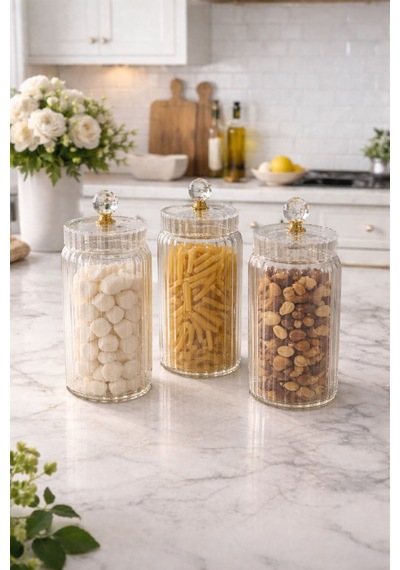 Qerhome 3'lü Borosilikat Cam Optik Çizgili Kristal Gold Kapaklı Kavanoz Seti 1100 Ml Şeffaf
