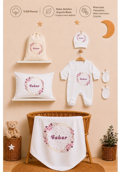 Pia Baby İsme Özel Hastane Çıkışı %100 Pamuk Kız Bebek Organik Baskılı Tulum Set Keseli Hediyelik 2023tybk0x Krem