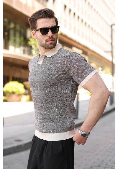 Madmext Taş Rengi Polo Yaka Regular Fit Erkek Triko Tişört E7496